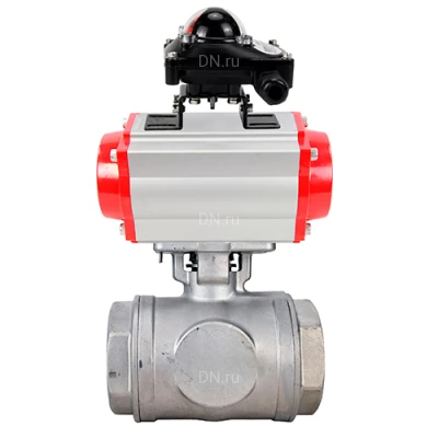 Краны шаровые DN.ru BV3232P(4pc)-SP-3WL-T-ISO-H WDVF Ду32-65 Ру63/40 стандартнопроходные, 3-ходовые L-тип, внутренняя резьба, корпус - нержавеющая сталь AISI 316, уплотнение - PTFE, с пневмоприводом PA-DA и БКВ APL-210N