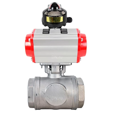 Краны шаровые DN.ru BV3232P(4pc)-SP-3WT-T-ISO-H WDVF Ду25 Ру63 стандартнопроходные, 3-ходовые Т-тип, внутренняя резьба, корпус - нержавеющая сталь AISI 316, уплотнение - PTFE, с пневмоприводом PA-DA и БКВ APL-510N EX