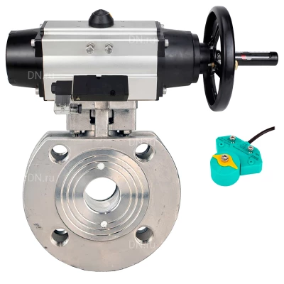 Кран шаровой DN.ru BV3232P-FP-Fb-ISO-H WDVF Ду100 Ру16 полнопроходной, межфланцевый, корпус - нержавеющая сталь 316, уплотнение - PTFE, с пневмоприводом PA-DA-105-1, пневмораспределителем 4М310-08 220В NAMUR и магнитным переключателем ALS200D