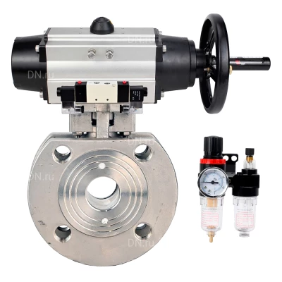 Кран шаровой DN.ru BV3232P-FP-Fb-ISO-H WDVF Ду100 Ру16 полнопроходной, межфланцевый, корпус - нержавеющая сталь 316, уплотнение - PTFE, с пневмоприводом PA-DA-105-1, пневмораспределителем 4V320-08 220В NAMUR и БПВ AFC2000