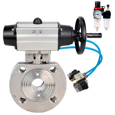 Кран шаровой DN.ru BV3232P-FP-Fb-ISO-H WDVF Ду100 Ру16 полнопроходной, межфланцевый, корпус - нержавеющая сталь 316, уплотнение - PTFE, с пневмоприводом PA-DA-105-1, пневмораспределителем 4V320-10 220В и БПВ AFC2000