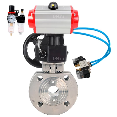 Кран шаровой DN.ru BV3232P-FP-Fb-ISO-H WDVF Ду50 Ру16 полнопроходной, межфланцевый, корпус - нержавеющая сталь 316, уплотнение - PTFE, с пневмоприводом PA-DA-083, пневмораспределителем 4V320-10 220В, БПВ AFC2000 и ручным дублером MON1-250-T26-ISO