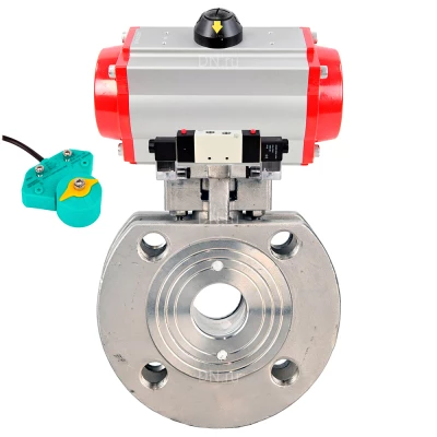 Кран шаровой DN.ru BV3232P-FP-Fb-ISO-H WDVF Ду50 Ру16 полнопроходной, межфланцевый, корпус - нержавеющая сталь 316, уплотнение - PTFE, с пневмоприводом PA-DA-083, пневмораспределителем 4V320-08 220В NAMUR и магнитным переключателем ALS200D