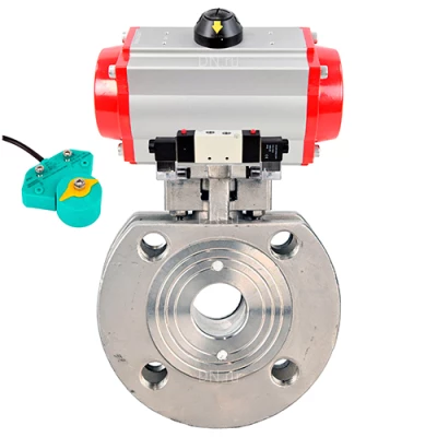 Краны шаровые DN.ru BV3232P-FP-Fb-ISO-H WDVF Ду50-100 Ру16 полнопроходные, межфланцевые, корпус - нержавеющая сталь 316, уплотнение - PTFE, с пневмоприводом PA-DA, пневмораспределителем 4V320-10 220В NAMUR и магнитным переключателем ALS200D