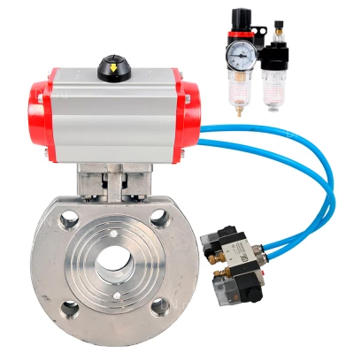 Кран шаровой DN.ru BV3232P-FP-Fb-ISO-H WDVF Ду50 Ру16 полнопроходной, межфланцевый, корпус - нержавеющая сталь 316, уплотнение - PTFE, с пневмоприводом PA-SA-105, пневмораспределителем 4V320-10 220В и БПВ AFC2000