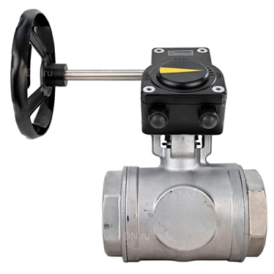 Краны шаровые DN.ru BV3232P(4pc)-SP-3WL-T-ISO-H WDVF Ду32-65 Ру63/40 стандартнопроходные, 3-ходовые L-тип, внутренняя резьба, корпус - нержавеющая сталь AISI 316, уплотнение - PTFE, с редуктором DN.ru HAM RQN