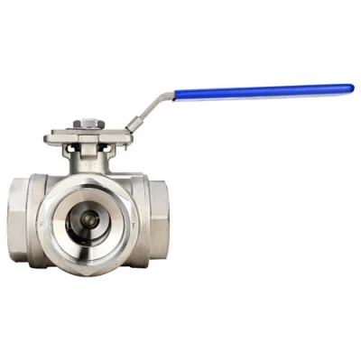 Краны шаровые DN.ru BV3232P(4pc)-SP-3WT-T-ISO-H Ду10-50 Ру63 ZGY, трехходовые T-тип неполнопроходные, резьбовые, материал корпуса - нержавеющая сталь CF8М/AISI 316 с ISO фланцем и рукояткой