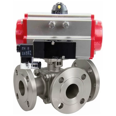Краны шаровые DN.ru BV3232P(2pc)-FP-3WL-F-ISO-H Ду20-80 Ру16 HYMT трехходовые L-тип, полнопроходные, фланцевые, корпус - нержавеющая сталь AISI316, с пневмоприводом PA-DA и пневмораспределителем 4V320-10 NAMUR AC220V