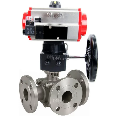 Краны шаровые DN.ru BV3232P(2pc)-FP-3WL-F-ISO-H Ду20-80 Ру16 HYMT трехходовые L-тип, полнопроходные, фланцевые, корпус - нержавеющая сталь AISI316, с пневмоприводом PA-DA, пневмораспределителем 4V320-10 NAMUR AC220V и ручным дублером MON