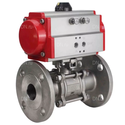 Кран шаровой DN.ru BV3131P(3pc)-FP-F-ISO-H Ду80 Ру40, полнопроходной трехсоставной, фланцевый, нержавеющая сталь 304, уплотнение - PTFE, с пневмоприводом DN.ru PA-DA-105 двойного действия
