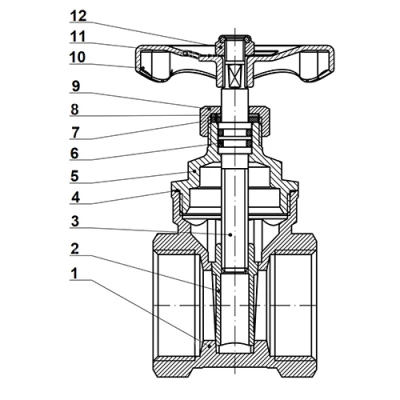 Задвижка клиновая DN.ru GVWN0000M-2W-T-S Ду65 Ру16 резьбовая, шток - невыдвижной, корпус - латунь HPb57-3, материал клина - латунь HPb59-1, уплотнение - металл, управление - штурвал