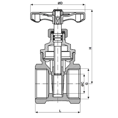 Задвижка клиновая DN.ru GVWN0000M-2W-T-S Ду65 Ру16 резьбовая, шток - невыдвижной, корпус - латунь HPb57-3, материал клина - латунь HPb59-1, уплотнение - металл, управление - штурвал
