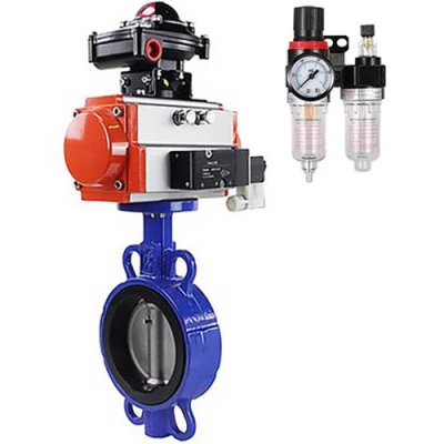 Затворы дисковые поворотные DN.ru WBV1132N-2W-Fb-H Ду40-300 Ру16, корпус - чугун GG25, диск - нержавеющая сталь 316L, уплотнение - NBR, с пневмоприводом PA-SA, пневмораспределителем 4V320-10 NAMUR AC220V, БКВ APL-510N EX и БПВ AFC2000