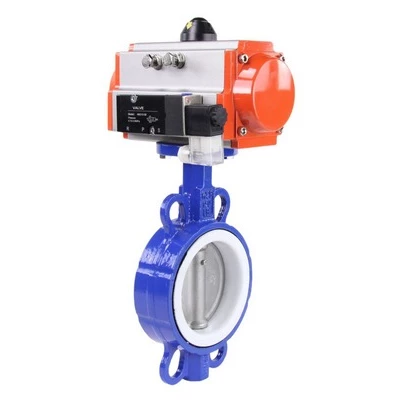 Затвор дисковый поворотный DN.ru WBV3432P-2W-Fb-H Ду100 Ру16, корпус - углеродистая сталь WCB, диск - нержавеющая сталь 316L, уплотнение - PTFE, с пневмоприводом PA-SA-140, с пневмораспределителем 4V320-10 220В