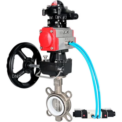 Затворы дисковые поворотные DN.ru WBV3131P-2W-Fb-H Ду50-150 Ру16, корпус - сталь 304, диск - сталь 304, уплотнение - PTFE, с пневмоприводом PA-DA, пневмораспределителем 4V320-08 NAMUR AC220V, ручным дублером MONx-ISO и БКВ APL-210N