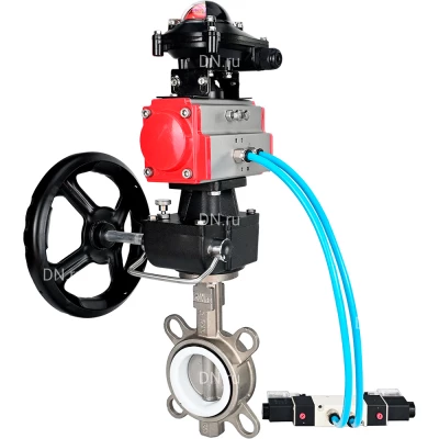 Затвор дисковый поворотный DN.ru WBV3131P-2W-Fb-H Ду65 Ру16, корпус - сталь 304, диск - сталь 304, уплотнение - PTFE, с пневмоприводом PA-DA-065, пневмораспределителем 4V320-10 NAMUR AC220V, ручным дублером MON1-250-T26-ISO и БКВ APL-210N