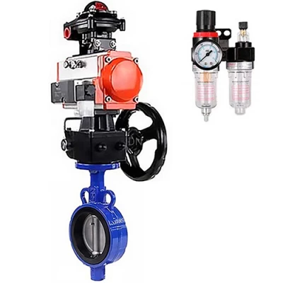 Затворы дисковые поворотные DN.ru WBV0232E-2W-Fb-H Ду25-32 Ру16, корпус - алюминиевый сплав, диск - нерж.сталь 316L, EPDM, с пневмоприводом PA-DA, пневмораспределителем 4V320-08 NAMUR AC220V, ручным дублером MONx-ISO, БКВ APL-410N EX и БПВ AFC2000