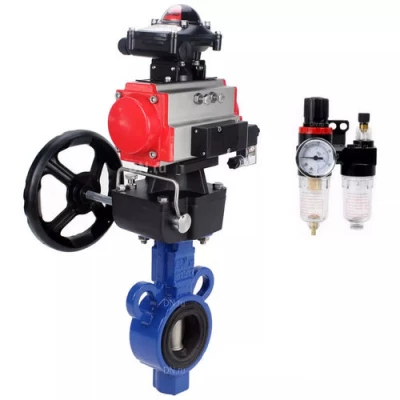 Затворы дисковые поворотные DN.ru WBV0232E-2W-Fb-H Ду25-32 Ру16, корпус - алюминиевый сплав, диск - нерж.сталь 316L, EPDM, с пневмоприводом PA-DA, пневмораспределителем 4V320-10 NAMUR AC220V, ручным дублером MONx-ISO, БКВ APL-410N EX и БПВ AFC2000