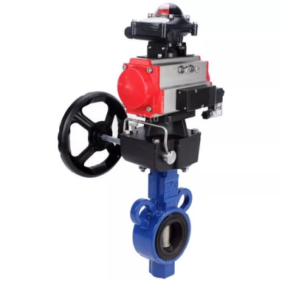 Затворы дисковые поворотные DN.ru WBV0232E-2W-Fb-H Ду25-32 Ру16, корпус - алюминиевый сплав, диск - нерж.сталь 316L, уплотнение - EPDM, с пневмоприводом PA-DA, пневмораспределителем 4V320-10 NAMUR AC220V, ручным дублером MONx-ISO и БКВ APL-410N EX