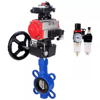 Затворы дисковые поворотные DN.ru WBV1132N-2W-Fb-H Ду40-300 Ру16, корпус - чугун GG25, диск - нерж. сталь 316L, NBR, с пневмоприводом PA-DA, пневмораспределителем 4V320-10 NAMUR AC220V, ручным дублером MONx-ISO, БКВ APL-410N EX и БПВ AFC2000