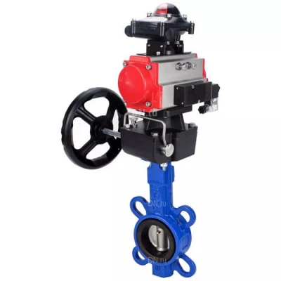 Затворы дисковые поворотные DN.ru WBV1132N-2W-Fb-H Ду40-300 Ру16, корпус - чугун GG25, диск - нержавеющая сталь 316L, уплотнение - NBR, с пневмоприводом PA-DA, пневмораспределителем 4V320-10 NAMUR AC220V, ручным дублером MONx-ISO и БКВ APL-410N EX