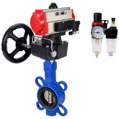 Затворы дисковые поворотные DN.ru WBV1132N-2W-Fb-H Ду40-300 Ру16, корпус - чугун GG25, диск - нержавеющая сталь 316L, уплотнение - NBR, с пневмоприводом PA-DA, пневмораспределителем 4V320-10 NAMUR AC220V, ручным дублером MONx-ISO и БПВ AFC2000