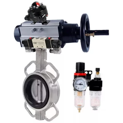 Затворы дисковые поворотные DN.ru WBV3131N-2W-Fb-H Ду100-150 Ру16, корпус - нержавеющая сталь 304, диск - нержавеющая сталь 304, уплотнение - NBR, с пневмоприводом PA-DA-105-1, пневмораспределителем 4V320-08 NAMUR AC220V, БКВ APL-410N EX и БПВ AFC2000