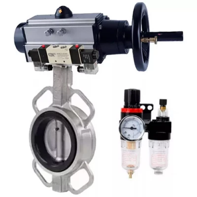 Затворы дисковые поворотные DN.ru WBV3131N-2W-Fb-H Ду100-150 Ру16, корпус - нержавеющая сталь 304, диск - нержавеющая сталь 304, уплотнение - NBR, с пневмоприводом PA-DA-105-1, пневмораспределителем 4V320-08 NAMUR AC220V и БПВ AFC2000