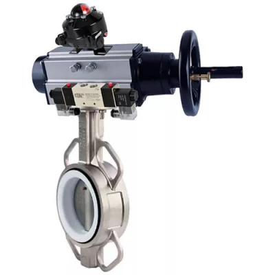 Затворы дисковые поворотные DN.ru WBV3131P-2W-Fb-H Ду100-150 Ру16, корпус - нержавеющая сталь 304, диск - нержавеющая сталь 304, уплотнение - PTFE, с пневмоприводом PA-DA-105-1, пневмораспределителем 4V320-08 NAMUR AC220V и БКВ APL-410N EX