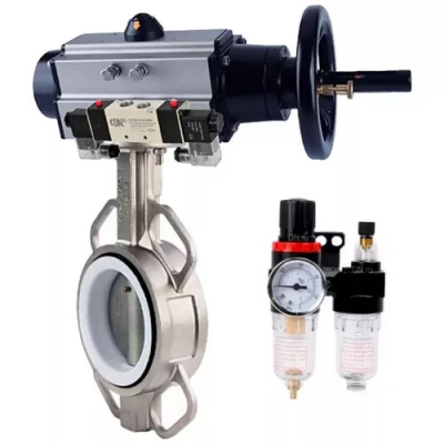 Затворы дисковые поворотные DN.ru WBV3131P-2W-Fb-H Ду100-150 Ру16, корпус - нержавеющая сталь 304, диск - нержавеющая сталь 304, уплотнение - PTFE, с пневмоприводом PA-DA-105-1, пневмораспределителем 4V320-10 NAMUR AC220V и БПВ AFC2000