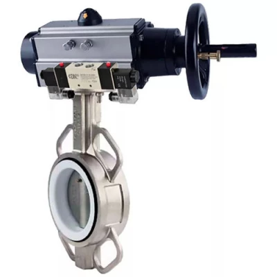 Затворы дисковые поворотные DN.ru WBV3131P-2W-Fb-H Ду100-150 Ру16, корпус - нержавеющая сталь 304, диск - нержавеющая сталь 304, уплотнение - PTFE, с пневмоприводом PA-DA-105-1 и пневмораспределителем 4V320-08 NAMUR AC220V