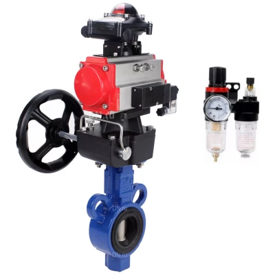 Затвор дисковый поворотный DN.ru WBV0232E-2W-Fb-H Ду32 Ру16, корпус - алюминиевый сплав, диск - нерж. сталь 316L, EPDM, с пневмоприводом PA-DA-065, пневмораспределителем 4V320-10 NAMUR AC220V, ручным дублером MON1-250-T26-ISO, БКВ APL-210N и БПВ AFC2000