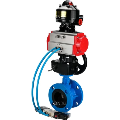 Затвор дисковый поворотный DN.ru WBV1313E-2W-F-H Ду125 Ру16, корпус - чугун GGG40, диск - чугун GGG40, уплотнение - EPDM, с пневмоприводом PA-DA-130, пневмораспределителем 4V320-10 NAMUR AC220V, ручным дублером MON1-250-T26-ISO и БКВ APL-510N EX