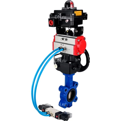 Затвор дисковый поворотный DN.ru WBV1616E-2W-Fb-H Ду100 Ру16 LUG, корпус - чугун QT450, диск - чугун QT450, уплотнение - EPDM, с пневмоприводом PA-DA-083, пневмораспределителем 4V320-08 NAMUR AC220V, ручным дублером MON2-450-T28-ISO и БКВ APL-410N EX