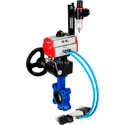 Затвор дисковый поворотный DN.ru WBV1616E-2W-Fb-H Ду100 Ру16 LUG, корпус - чугун QT450, диск - чугун QT450, уплотнение - EPDM, с пневмоприводом PA-DA-083, пневмораспределителем 4V320-08 NAMUR AC220V, ручным дублером MON2-450-T28-ISO и БПВ AFC2000