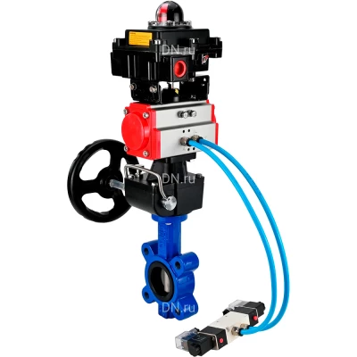 Затвор дисковый поворотный DN.ru WBV1631N-2W-Fb-H Ду125 Ру16 LUG, корпус - чугун, диск - нержавеющая сталь 304, уплотнение - NBR, с пневмоприводом PA-DA-105, пневмораспределителем 4V320-08 NAMUR AC220V, ручным дублером MON3-700-T38-ISO и БКВ APL-410N EX