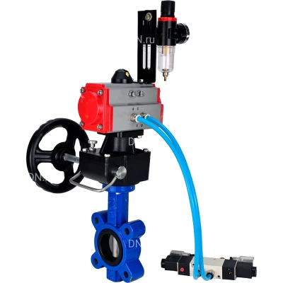 Затвор дисковый поворотный DN.ru WBV1631N-2W-Fb-H Ду125 Ру16 LUG, корпус - чугун QT450, диск - нержавеющая сталь 304, уплотнение - NBR, с пневмоприводом PA-DA-105, пневмораспределителем 4V320-10 NAMUR AC220V, ручным дублером MON3-700-T38-ISO и БПВ AFC2000