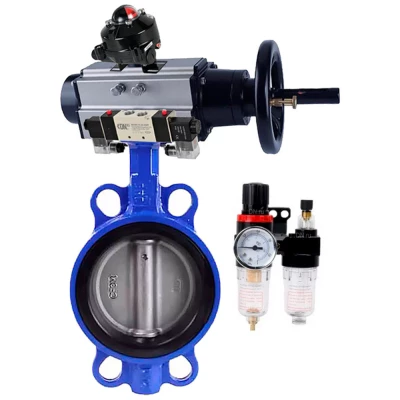 Затвор дисковый поворотный для абразивных сред DN.ru WBV1632E-2W-Fb-H Ду150 Ру16, корпус - чугун, диск - нержавеющая сталь 316L, уплотнение - EPDM, с пневмоприводом PA-DA-105-1, пневмораспределителем 4V320-10 NAMUR AC220V, БКВ APL-510N EX и БПВ AFC2000