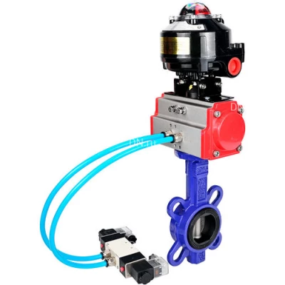 Затворы дисковые поворотные для абразивных сред DN.ru WBV1632E-2W-Fb-H Ду40-200 Ру16, корпус - чугун QT450, диск - нержавеющая сталь 316L, уплотнение - EPDM, с пневмоприводом PA-SA, пневмораспределителем 4V320-10 NAMUR AC220V и БКВ APL-510N EX