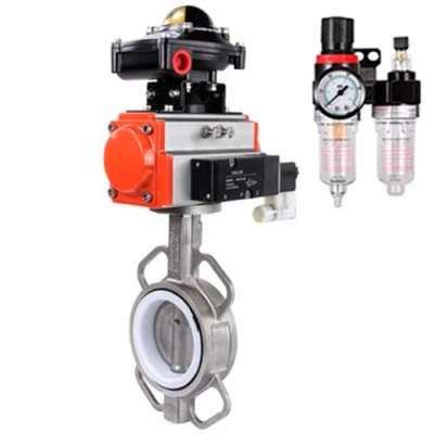 Затворы дисковые поворотные DN.ru WBV3131P-2W-Fb-H Ду50-150 Ру16, корпус - нержавеющая сталь 304, диск - нержавеющая сталь 304, уплотнение - PTFE, с пневмоприводом PA-DA, пневмораспределителем 4V320-10 NAMUR AC220V, БКВ APL-210N и БПВ AFC2000