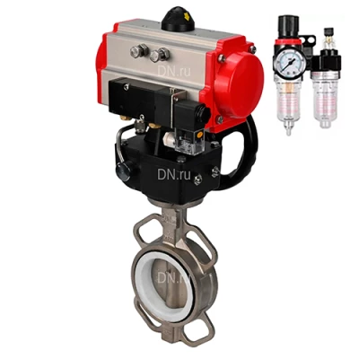 Затворы дисковые поворотные DN.ru WBV3131P-2W-Fb-H Ду50-150 Ру16, корпус - сталь 304, диск - сталь 304, уплотнение - PTFE, с пневмоприводом PA-DA, пневмораспределителем 4V320-08 NAMUR AC220V, ручным дублером MONx-ISO и БПВ AFC2000