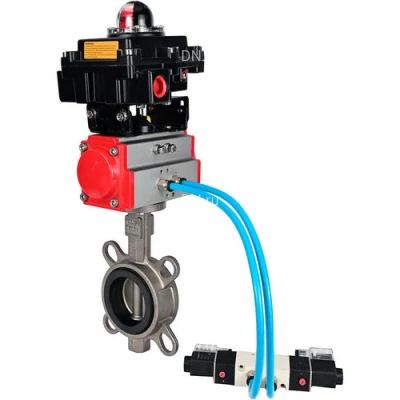 Затворы дисковые поворотные DN.ru WBV3131N-2W-Fb-H Ду50-150 Ру16, корпус - нержавеющая сталь 304, диск - нержавеющая сталь 304, уплотнение - NBR, с пневмоприводом PA-SA, пневмораспределителем 4V320-08 NAMUR AC220V и БКВ APL-410N EX