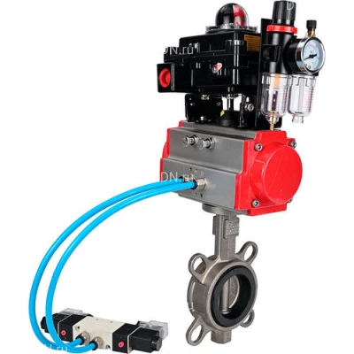 Затворы дисковые поворотные DN.ru WBV3131N-2W-Fb-H Ду50-250 Ру16, корпус - нержавеющая сталь 304, диск - нержавеющая сталь 304, уплотнение - NBR, с пневмоприводом PA-DA, пневмораспределителем 4V320-08 NAMUR AC220V, БКВ APL-410N EX и БПВ AFC2000