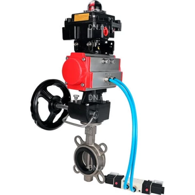 Затворы дисковые поворотные DN.ru WBV3131N-2W-Fb-H Ду50-250 Ру16, корпус - сталь 304, диск - сталь 304, уплотнение - NBR, с пневмоприводом PA-DA, пневмораспределителем 4V320-10 NAMUR AC220V, ручным дублером MONx-ISO и БКВ APL-410N EX