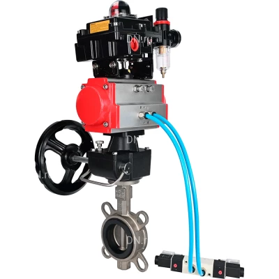 Затвор дисковый поворотный DN.ru WBV3131N-2W-Fb-H Ду80 Ру16, корпус - сталь 304, диск - сталь 304, уплотнение - NBR, с пневмоприводом PA-DA-083, пневмораспределителем 4V320-08 NAMUR AC220V, ручным дублером MON2-450-T28-ISO, БКВ APL-410N EX и БПВ AFC2000