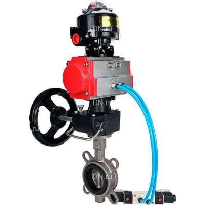 Затворы дисковые поворотные DN.ru WBV3131N-2W-Fb-H Ду50-250 Ру16, корпус - сталь 304, диск - сталь 304, уплотнение - NBR, с пневмоприводом PA-DA, пневмораспределителем 4V320-08 NAMUR AC220V, ручным дублером MONx-ISO и БКВ APL-510N EX