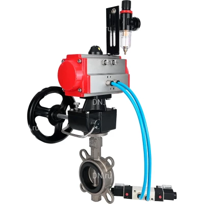 Затвор дисковый поворотный DN.ru WBV3131N-2W-Fb-H Ду125 Ру16, корпус - нержавеющая сталь 304, диск - нержавеющая сталь 304, уплотнение - NBR, с пневмоприводом PA-DA-105, пневмораспределителем 4V320-10 NAMUR AC220V и ручным дублером MON3-700-T38-ISO