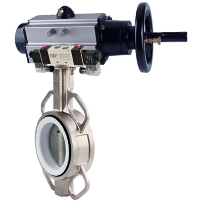 Затвор дисковый поворотный DN.ru WBV3131P-2W-Fb-H Ду125 Ру16, корпус - нержавеющая сталь 304, диск - нержавеющая сталь 304, уплотнение - PTFE, с пневмоприводом PA-DA-105-1 и пневмораспределителем 4V320-08 NAMUR AC220V