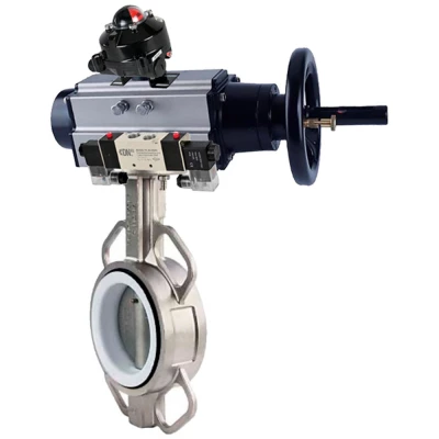 Затвор дисковый поворотный DN.ru WBV3131P-2W-Fb-H Ду125 Ру16, корпус - нержавеющая сталь 304, диск - нержавеющая сталь 304, уплотнение - PTFE, с пневмоприводом PA-DA-105-1, пневмораспределителем 4V320-08 NAMUR AC220V и БКВ APL-410N EX