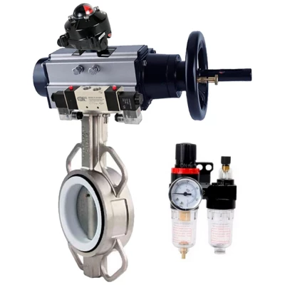 Затвор дисковый поворотный DN.ru WBV3131P-2W-Fb-H Ду150 Ру16, корпус - нержавеющая сталь 304, диск - нержавеющая сталь 304, уплотнение - PTFE, с пневмоприводом PA-DA-105-1, пневмораспределителем 4V320-08 NAMUR AC220V, БКВ APL-210N и БПВ AFC2000